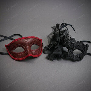 Venetian Lace Floral Feather Masquerade Halloween Party mask Red Black